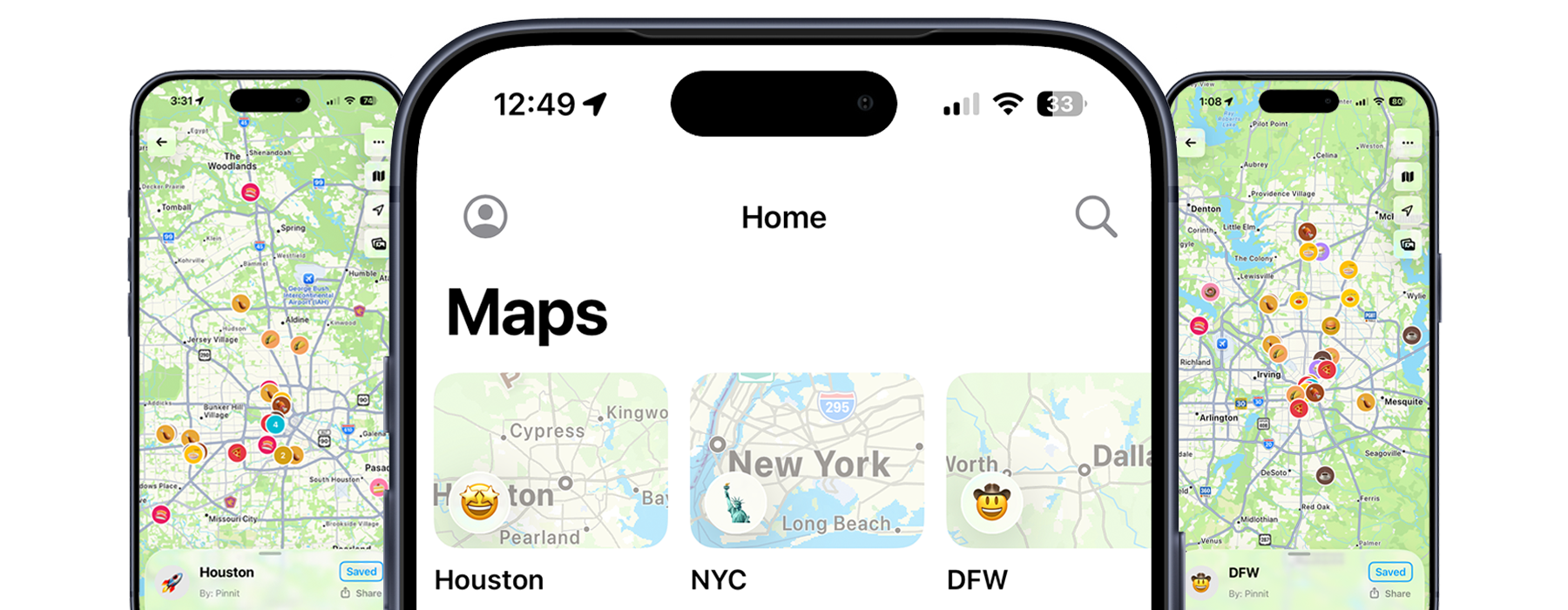 Pinnit list of maps for different cities including DFW, Austin, San Antonio, and Houston